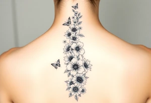 Singular Delphinium, violet, narcissus, rose, daisy bouquet vertically down the spine not connected with butterflies tattoo idea