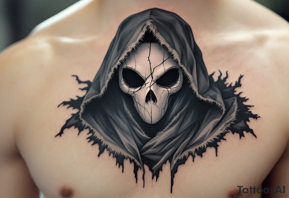 Plague Doctor with Broken Mask – A sinister plague doctor with tipical mask and a fractured porcelain-white mask, revealing hollow darkness beneath. The robes are dark gray with frayed edges, giving the figure an eerie, ghostly presence. tattoo idea