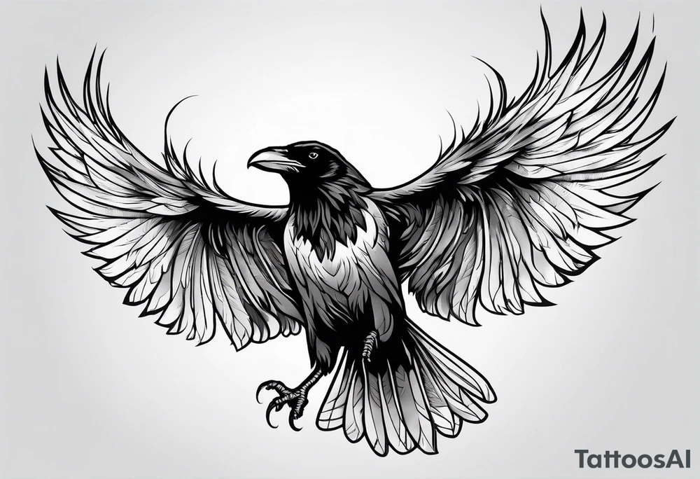 outline drawing of a flying raven with wings on fire tattoo idea