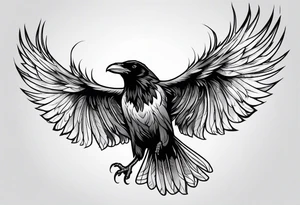 outline drawing of a flying raven with wings on fire tattoo idea