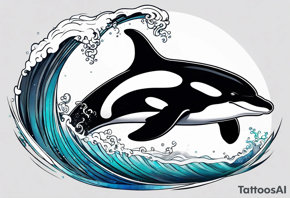 transient orca, Japanese realism, simplistic, shaded high contrast, flowing, kelp highlights tattoo idea