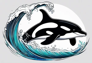 transient orca, Japanese realism, simplistic, shaded high contrast, flowing, kelp highlights tattoo idea