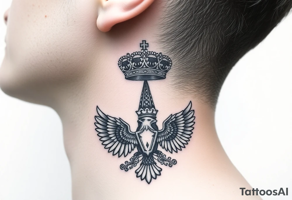 St. George, 3 russian imperial crowns above the Russian coat of arms double eagle and sitting above its wingspan sitting just above Kremlin or St. Basil's Cathedral scene  on the side of my neck tattoo idea