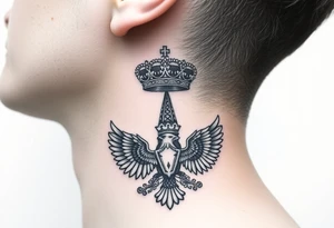 St. George, 3 russian imperial crowns above the Russian coat of arms double eagle and sitting above its wingspan sitting just above Kremlin or St. Basil's Cathedral scene  on the side of my neck tattoo idea