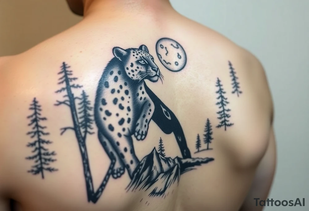 Black leopard in the woods with moon in sky tattoo idea