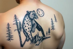 Black leopard in the woods with moon in sky tattoo idea