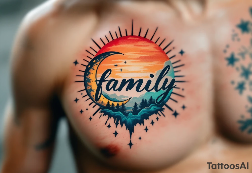 Family in soft black script, placed over a sun and moon design shaded in warm orange and cool teal. tattoo idea