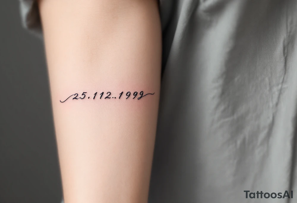 Cursive 25.12.1999 flowing along the spine in cool gray with a hint of icy blue. tattoo idea