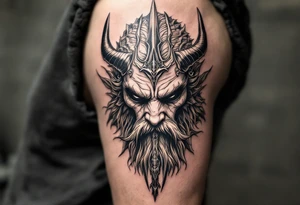 close-up non-violant poseidon behind a trident tattoo idea