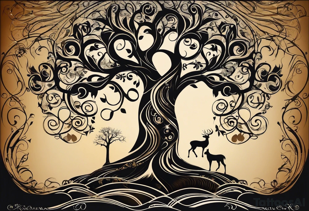 A tattoo design that incorporates the following elements: an abstract tree of life that has roots emerging  from the ground. Waves of water wrap around the tree in a non symmetrical design.  Incorporate musical notes into the tree. the letters U and A are overlapping and engraved into the tree. A golf flag incorporated but not prominent tattoo idea