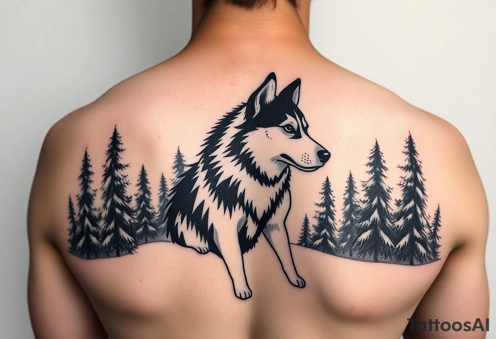 Majestic Siberian husky in a snowy forest scene tattoo idea