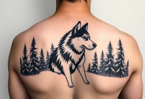 Majestic Siberian husky in a snowy forest scene tattoo idea