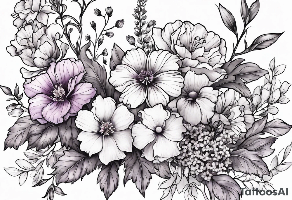 Tattoo of a floral Bouquet with larkspur with stem, carnation with stem, violet, with stem, daisy with stem tattoo idea