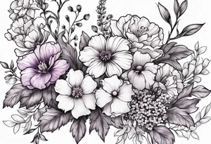 Tattoo of a floral Bouquet with larkspur with stem, carnation with stem, violet, with stem, daisy with stem tattoo idea