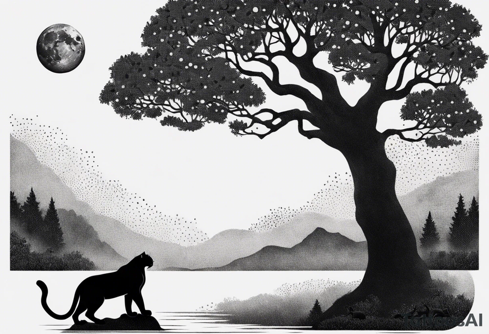 panther and a tree landscape moon tattoo idea