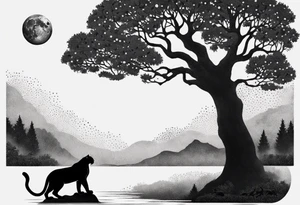 panther and a tree landscape moon tattoo idea