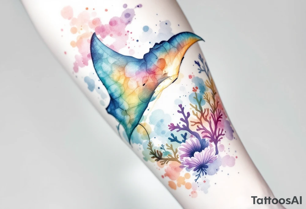 Ray swimming, diver bellow, coral reef bellow for forearm tattoo idea