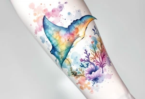 Ray swimming, diver bellow, coral reef bellow for forearm tattoo idea