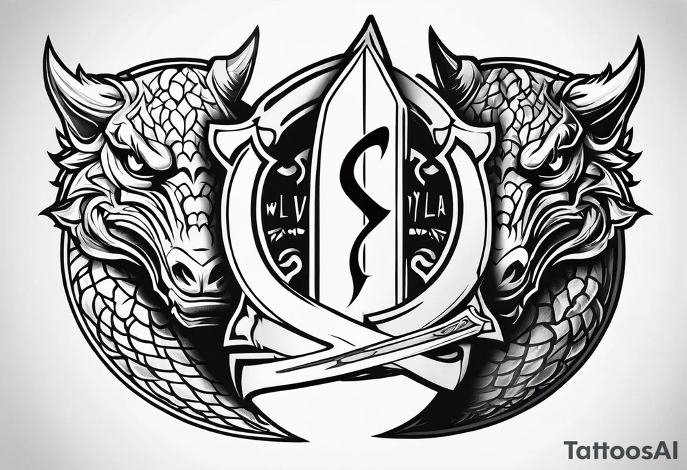 Valhalla sword shield dragon head axe tattoo idea