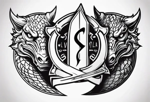 Valhalla sword shield dragon head axe tattoo idea