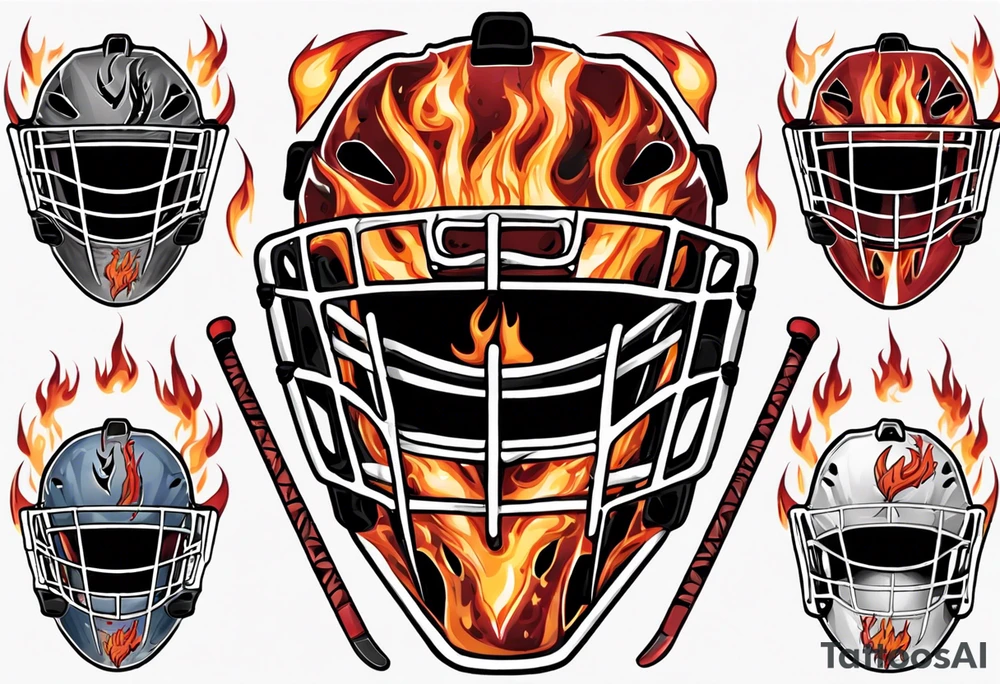 a goalie mask with crossed hockey sticks and flames that says "SHOT HOCKEY" tattoo idea