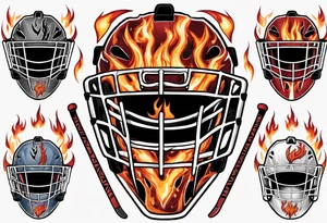 a goalie mask with crossed hockey sticks and flames that says "SHOT HOCKEY" tattoo idea