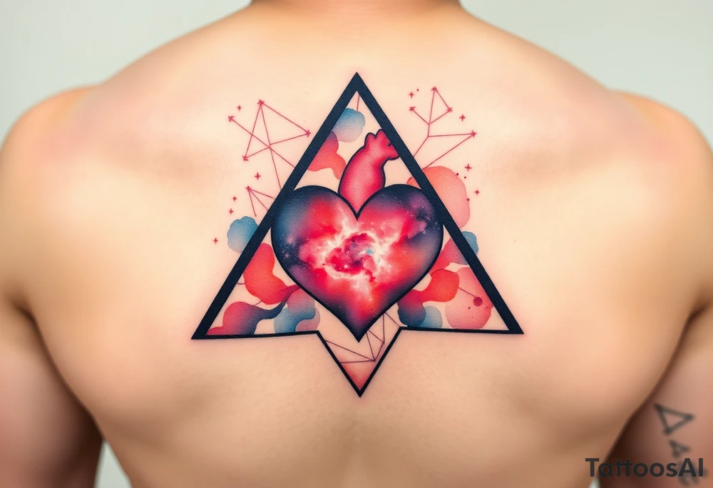 A triangle with a big heart in the center and  
galaxy inside tattoo idea