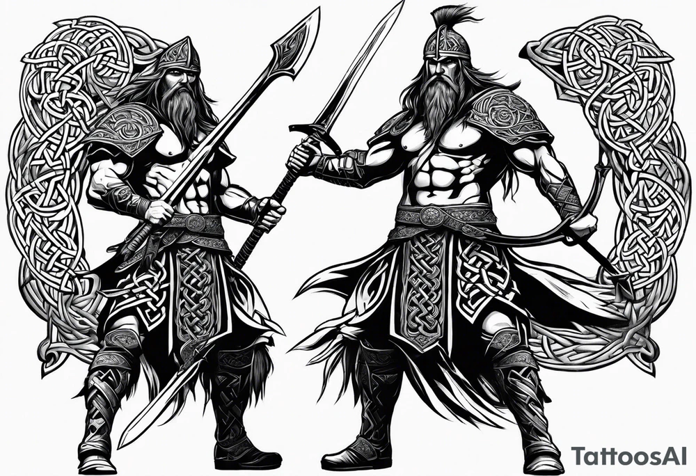 Side full body shot of Celtic warrior with weapon drawn. tattoo idea