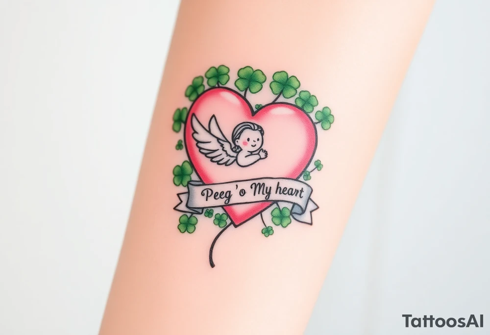 a big pink heart and a cartoon angel in a bunch of green shamrocks, a banner across the heart that says Peg 'o My Heart tattoo idea