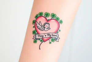 a big pink heart and a cartoon angel in a bunch of green shamrocks, a banner across the heart that says Peg 'o My Heart tattoo idea