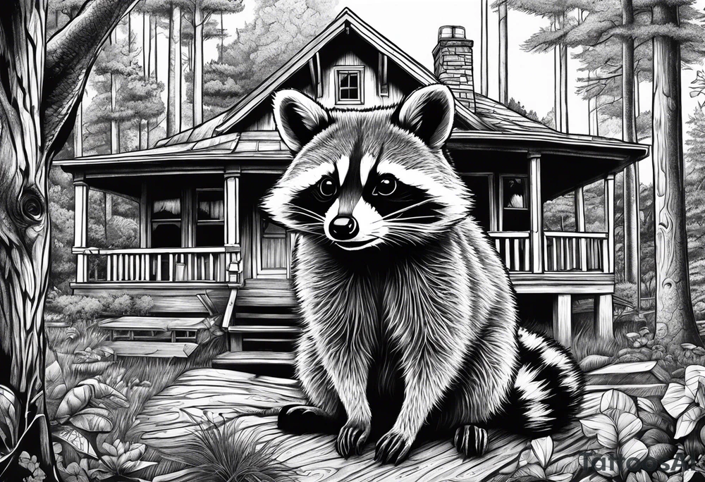 Hard working Raccoon Husband
Raccoon wife and Child in the Back
Background House and woods tattoo idea