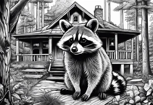 Hard working Raccoon Husband
Raccoon wife and Child in the Back 
Background House and woods tattoo idea