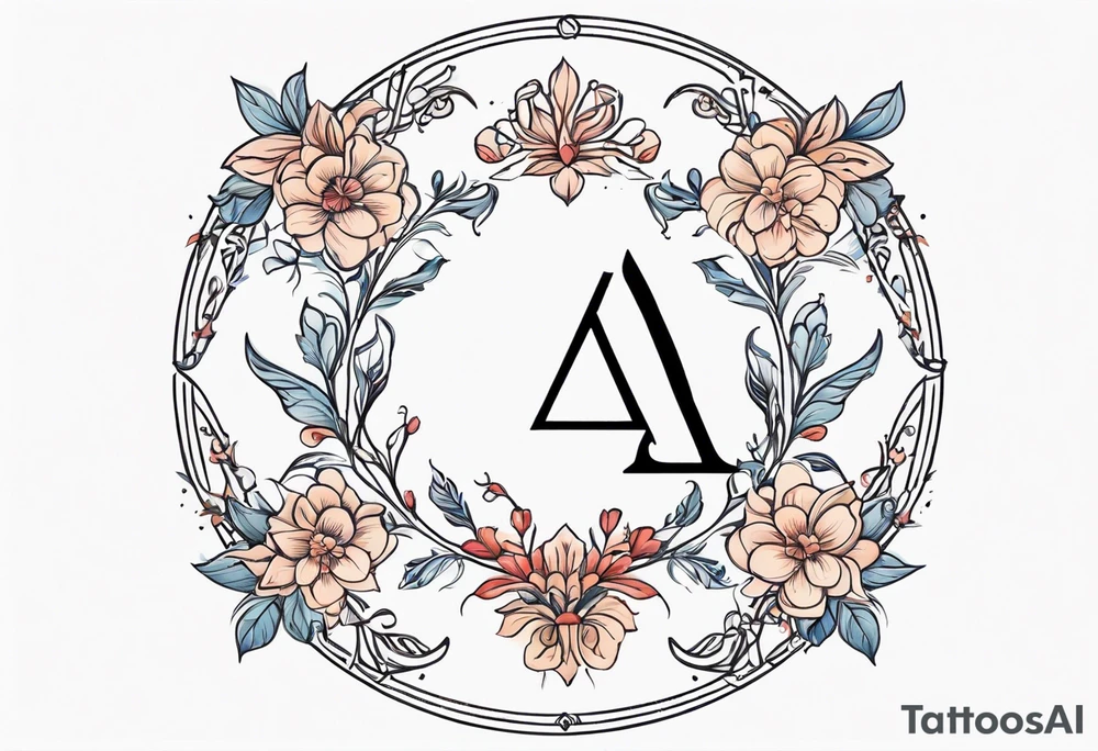 A greek letter delta, inside an ornamental circle. The circle is made from elements of chain, rope, flowers. Simplistic and subtle style. tattoo idea