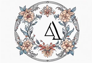 A greek letter delta, inside an ornamental circle. The circle is made from elements of chain, rope, flowers. Simplistic and subtle style. tattoo idea