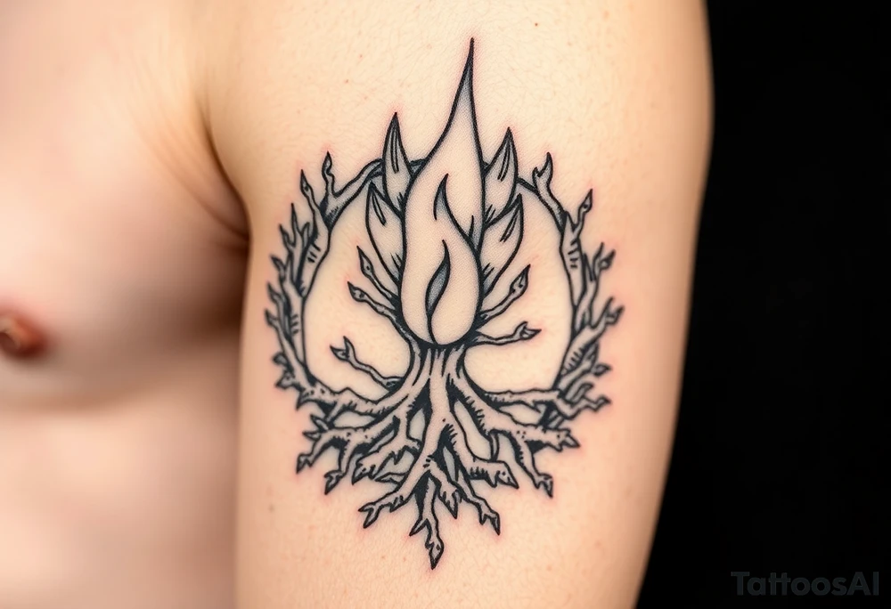 flame in a blooming roots circle tattoo idea