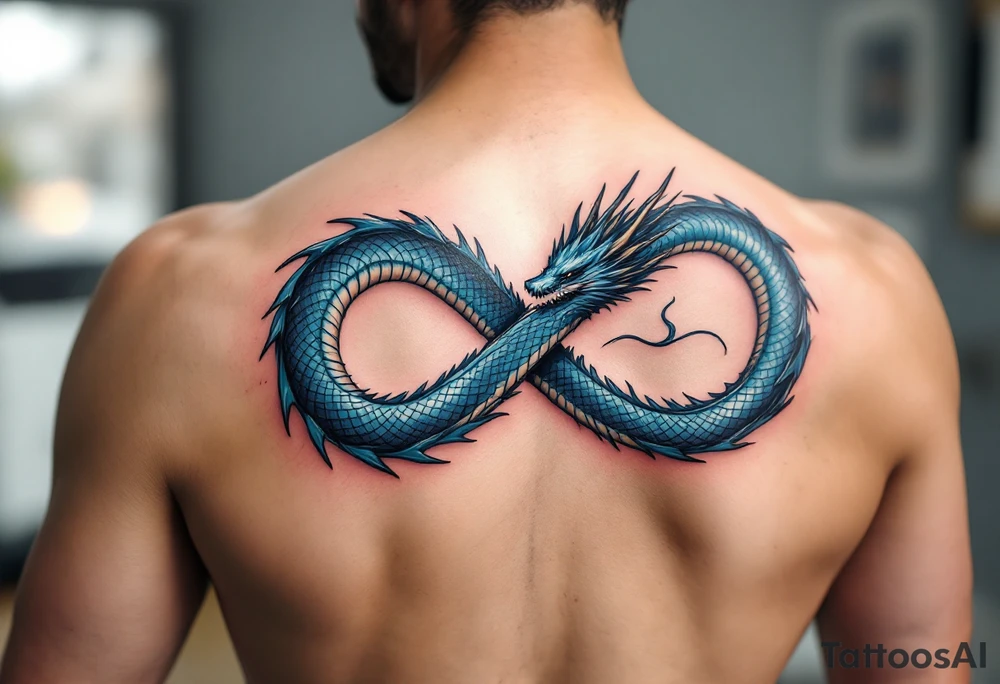 The design features a dragon, coiled in the shape of the infinity symbol (sideways number "8"). The dragon is depicted eating its own tail, symbolizing eternity and continuity, inspired by the Ouroboros.

Details:

The dragon's body has vibrant, glossy blue scales, with a smooth and polished texture.
It maintains a clean, balanced shape in the infinity figure, with sharp details and elegant flow.
Style:

The focus remains on the dragon's form, with no additional background elements to keep the design minimal and modern. tattoo idea