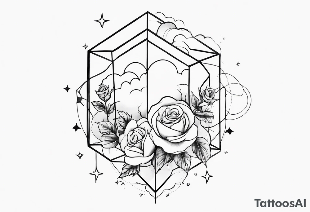 Vertical Clouds with tesseract inside and small roses and stars around it tattoo idea