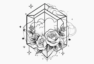 Vertical Clouds with tesseract inside and small roses and stars around it tattoo idea