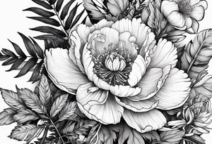 Peony flowers, fern fronds, Rosa laevigata, and hellebores tattoo idea