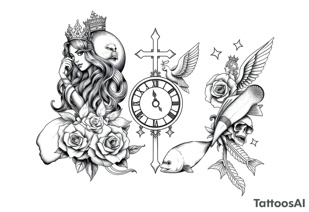 Roulette casino and princess and jesus on cross, baby angels, roses and clock and stars and fish tattoo idea