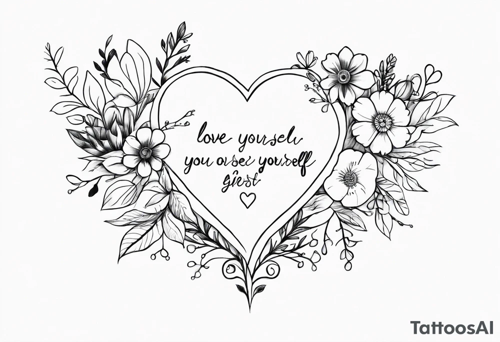 Love yourself first quote with flowers tattoo idea