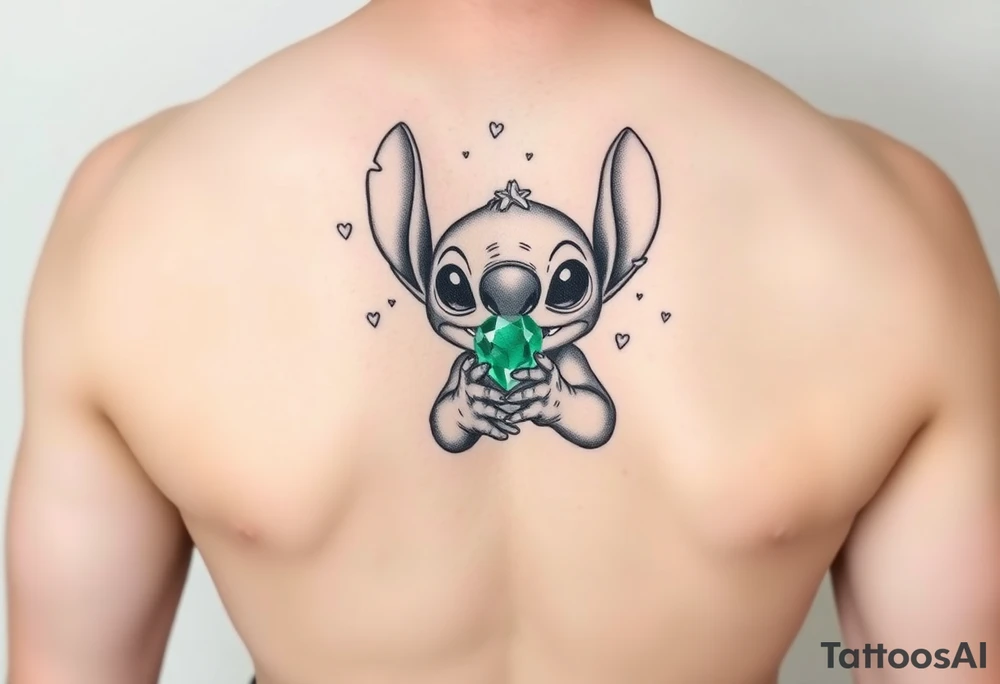 Stitch holding emerald birthstone for forearm tattoo idea