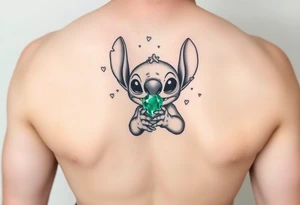 Stitch holding emerald birthstone for forearm tattoo idea