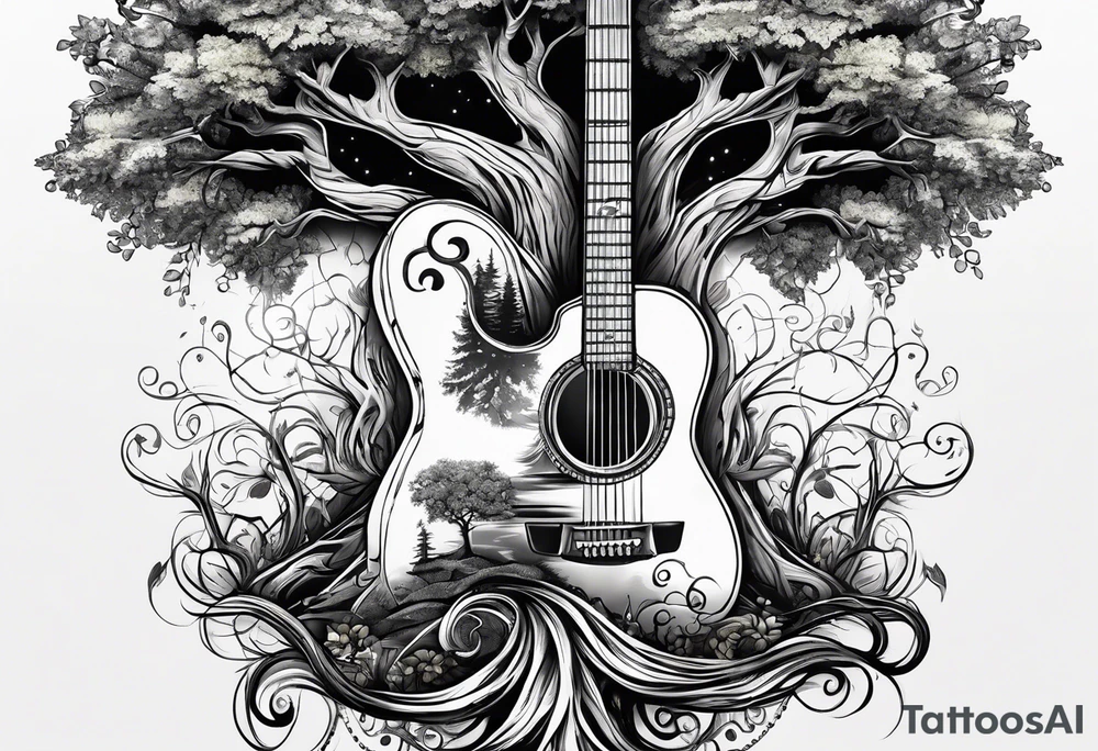 tree with guitar neck as trunk and roots are an anchor tattoo idea