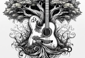 tree with guitar neck as trunk and roots are an anchor tattoo idea
