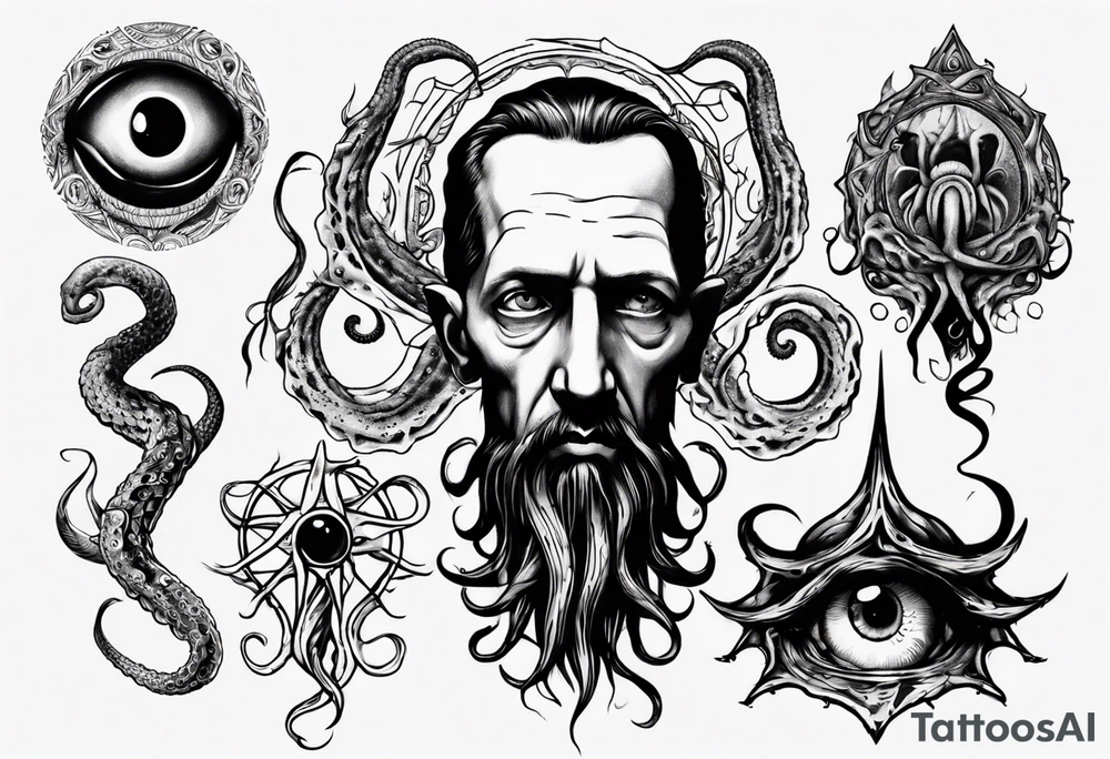 lovecraft long tattoo to put on the forearm, with eye and tentacle tattoo idea