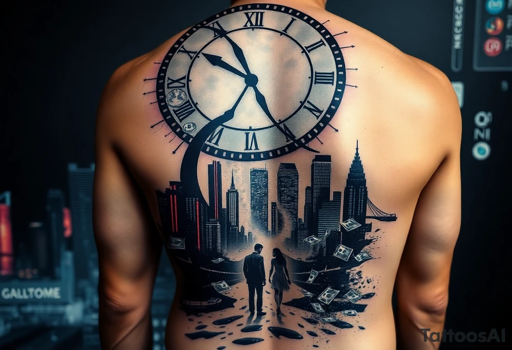epic futuristic full back tattoo, cyberpunk storytelling design, giant cracked clock above symbolizing lost time, sand turning into digital particles, lonely man standing in a neon futuristic city, fading silhouette of a woman walking away representing lost love, falling money dissolving into dust symbolizing lost fortune, emotional and dramatic atmosphere, black and grey tattoo with subtle neon accents, ultra detailed, full back tattoo composition, tattoo stencil style tattoo idea