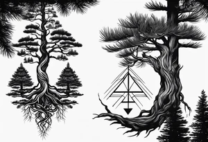 Pine tree amd upside down junper tree conected with roots which are forming an infinty sign tattoo idea