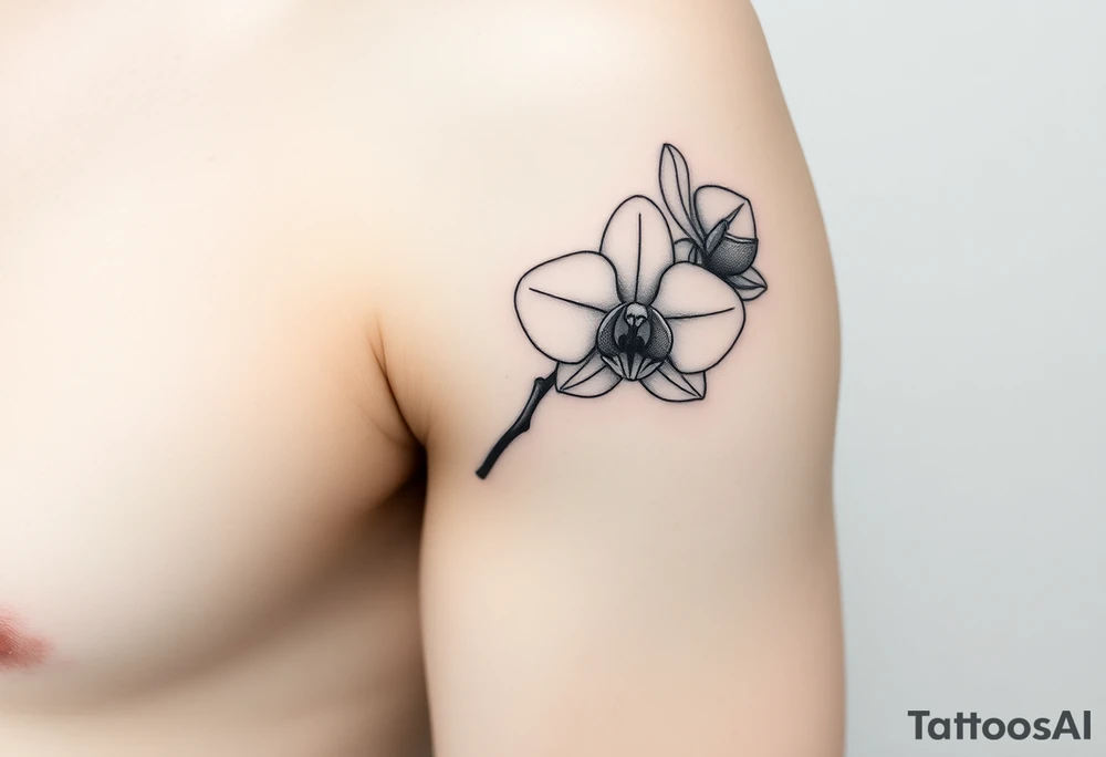 A delicate, black and white fine-line tattoo for make, featuring a gracefully detailed orchid stem with two flowers in full bloom, with soft, intricate petals and elegant curves tattoo idea