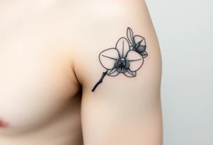 A delicate, black and white fine-line tattoo for make, featuring a gracefully detailed orchid stem with two flowers in full bloom, with soft, intricate petals and elegant curves tattoo idea